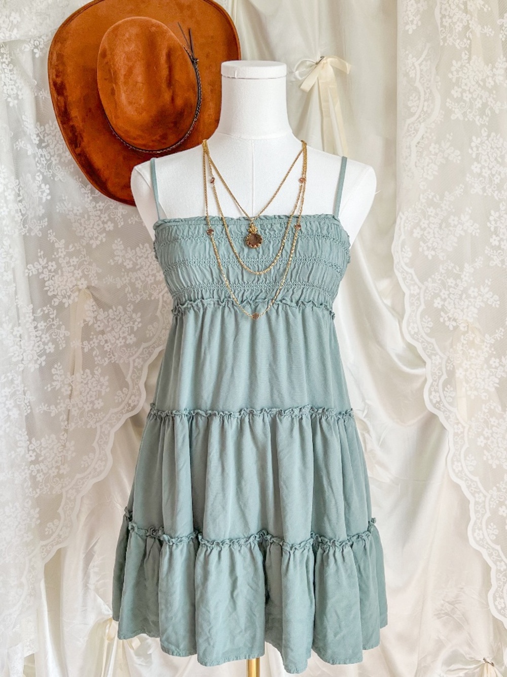 Y2K Aeropostale Sage Smocked Tiered Mini Dress
